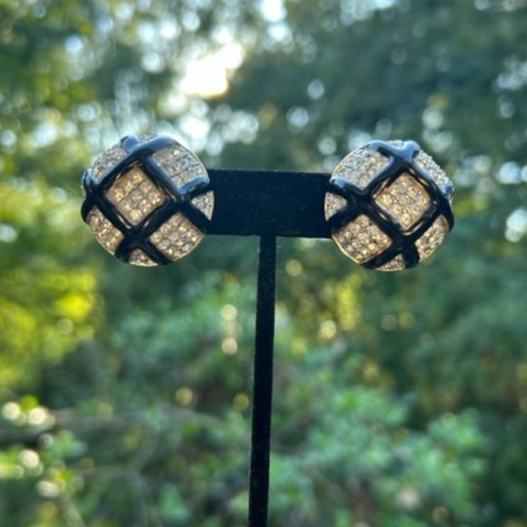 VTG CINER Gold Rhinestone Black Enamel EARRINGS - Picture 4 of 7